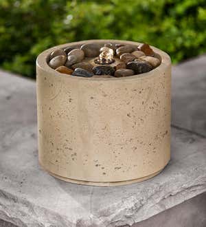 Concrete Cylinder LED Fountain with River Rocks
