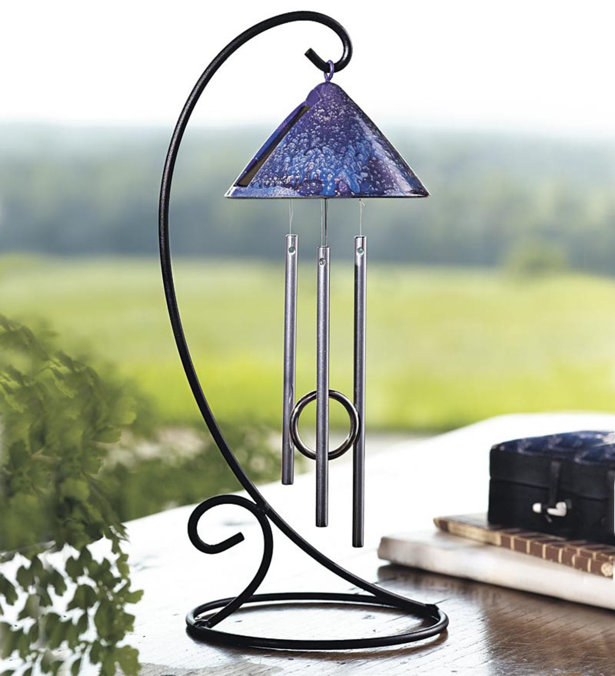 Solar-Powered Desktop Chimes with Wrought Iron Stand