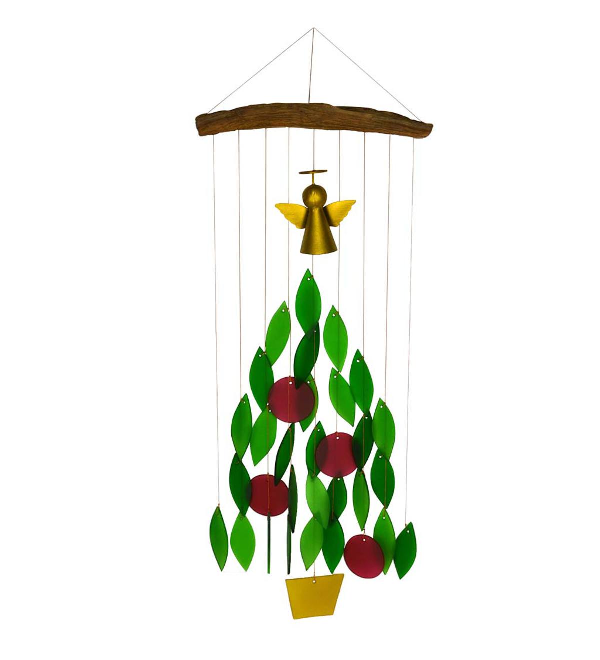Colorful Glass and Wood Christmas Tree Wind Chime