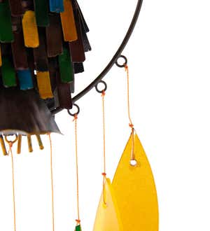Colorful Metal and Glass Owl with Moon Wind Chime