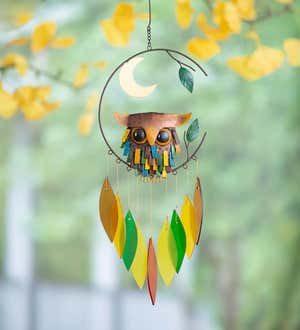 Colorful Metal and Glass Owl with Moon Wind Chime