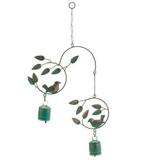 Metal Birds and Bells Wind Chime with Green Over Gold Patina-Like Finish