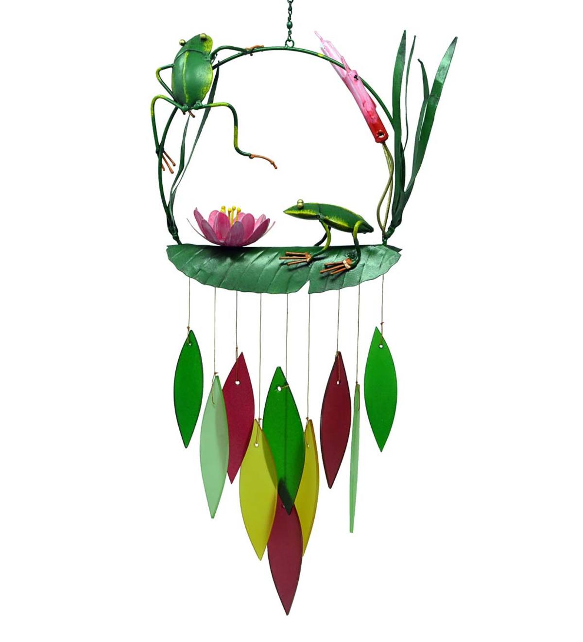 Handcrafted Frogs and Cattails Metal and Glass Wind Chime