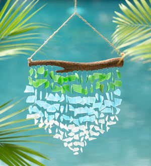 Handcrafted Recycled Glass Hung From a Metal Branch Ocean Waves Wind Chime