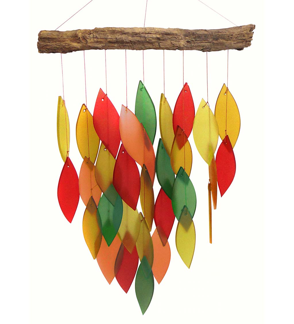 Autumn Colors Glass Leaves Wind Chime on Driftwood Branch