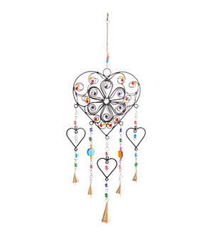 Handcrafted Beaded Heart Wind Chime with Five Metal Bells