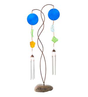 Metal and Colorful Recycled Glass Double Wind Chime with River Rock Base