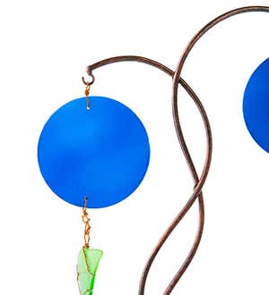 Metal and Colorful Recycled Glass Double Wind Chime with River Rock Base