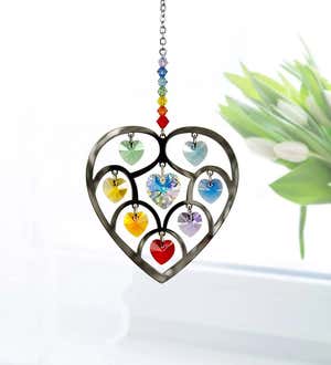 Silver-Plated Brass Heart Suncatcher with Colorful Crystals