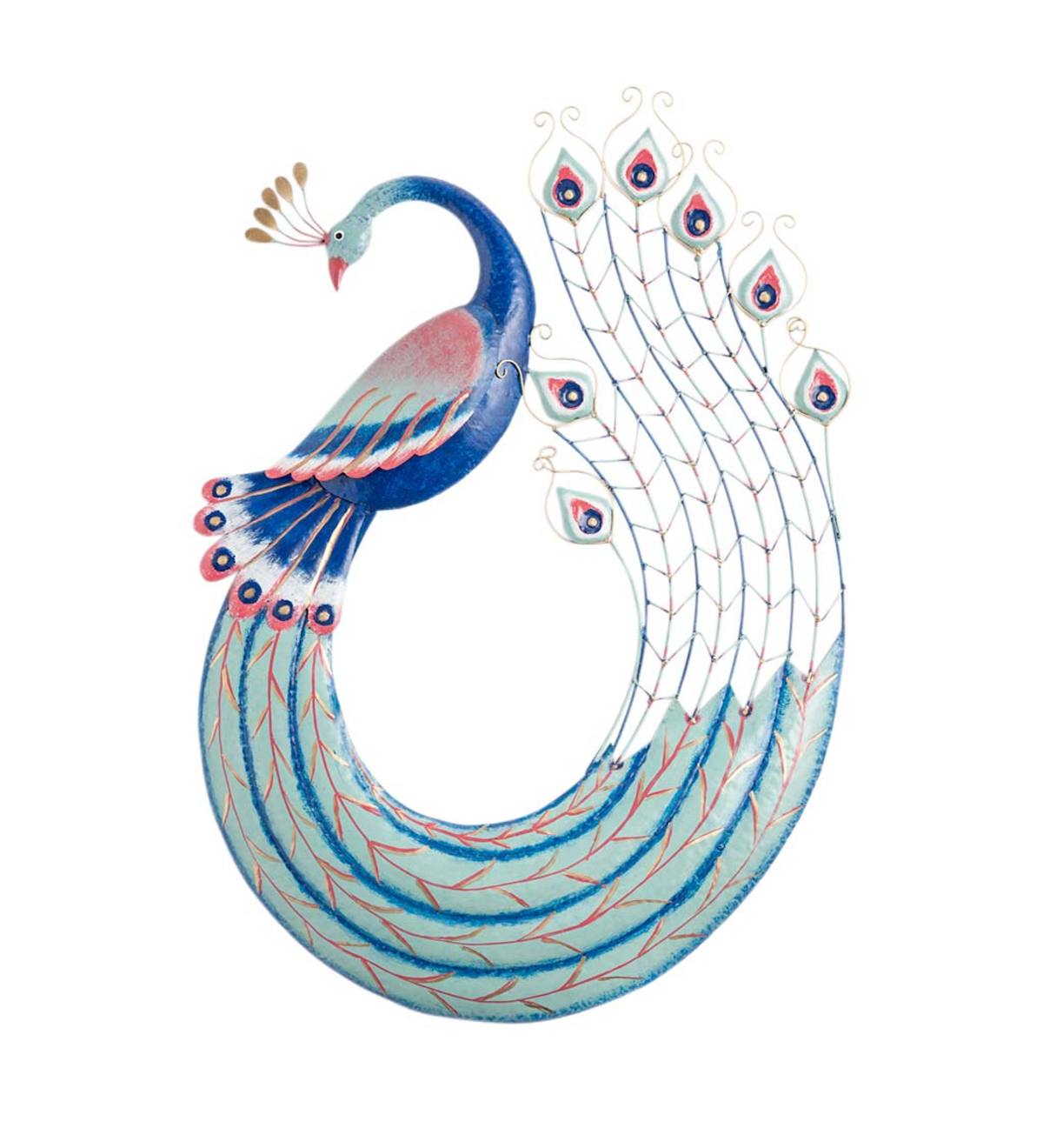 Blue and Pink Metal Peacock Wall Art