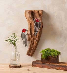 Stained Glass Woodpeckers on Natural Teak Wood Wall Art