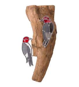 Stained Glass Woodpeckers on Natural Teak Wood Wall Art