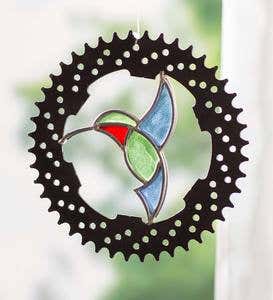 Stained Glass Hummingbird in Bicycle Chainring