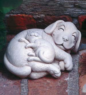 Smiling Puppy and Kitten Cast Stone Sculpture