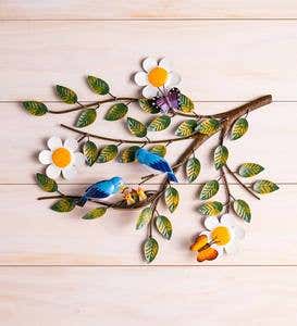 Handcrafted Metal Bluebirds and Babies on a Branch Wall Art