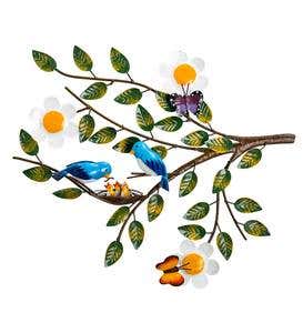 Handcrafted Metal Bluebirds and Babies on a Branch Wall Art