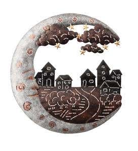 Handcrafted Metal Man in the Moon and Town Wall Art