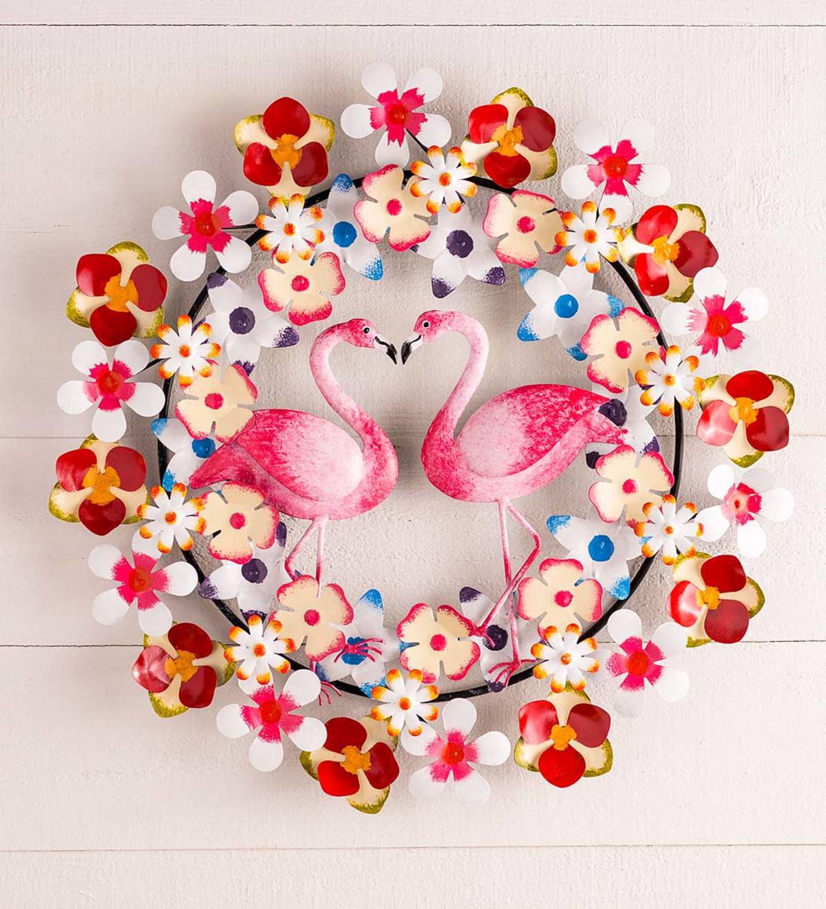 Handcrafted Colorful Metal Flower Wreath with Flamingo Duo