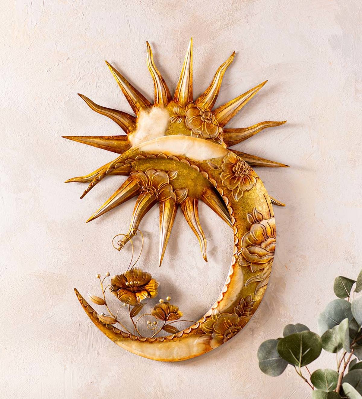 Handcrafted Sun, Moon and Flowers Metal and Capiz Wall Art