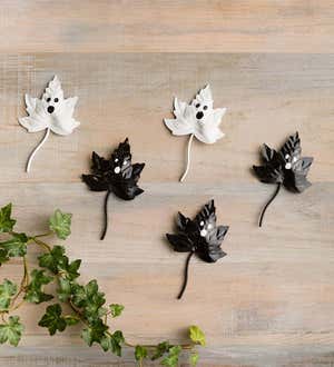 Handcrafted Black and White Metal Leaves with Ghost Faces, Set of 5