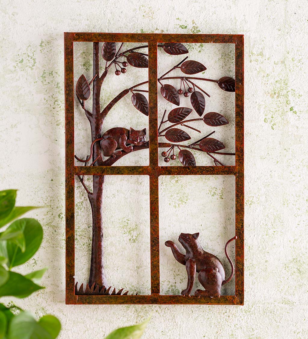 Handcrafted Two Cats and a Tree in a Faux Window Metal Wall Art