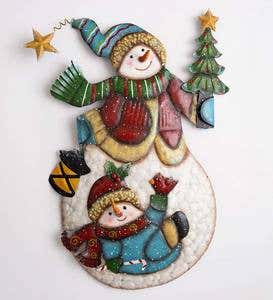 Metal Snowman Holding Christmas Tree and Lantern with Baby Snowman Wall Decoration