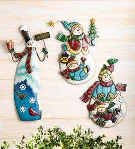 Metal Snowman Holding A Gift and A Sign Holiday Wall Decoration
