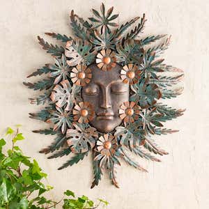 Handcrafted Forest Woman Face Surrounded by Metal Leaves and Flowers Wall Art