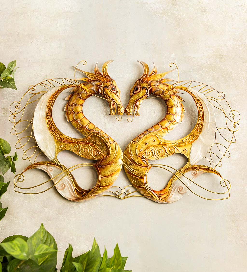 Handcrafted Golden Metal and Capiz Dragons Forming a Heart Wall Art