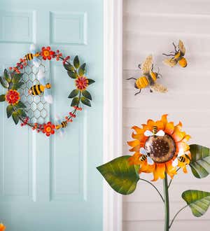 Handcrafted Metal Floral Wreath with Bees and Honeycomb