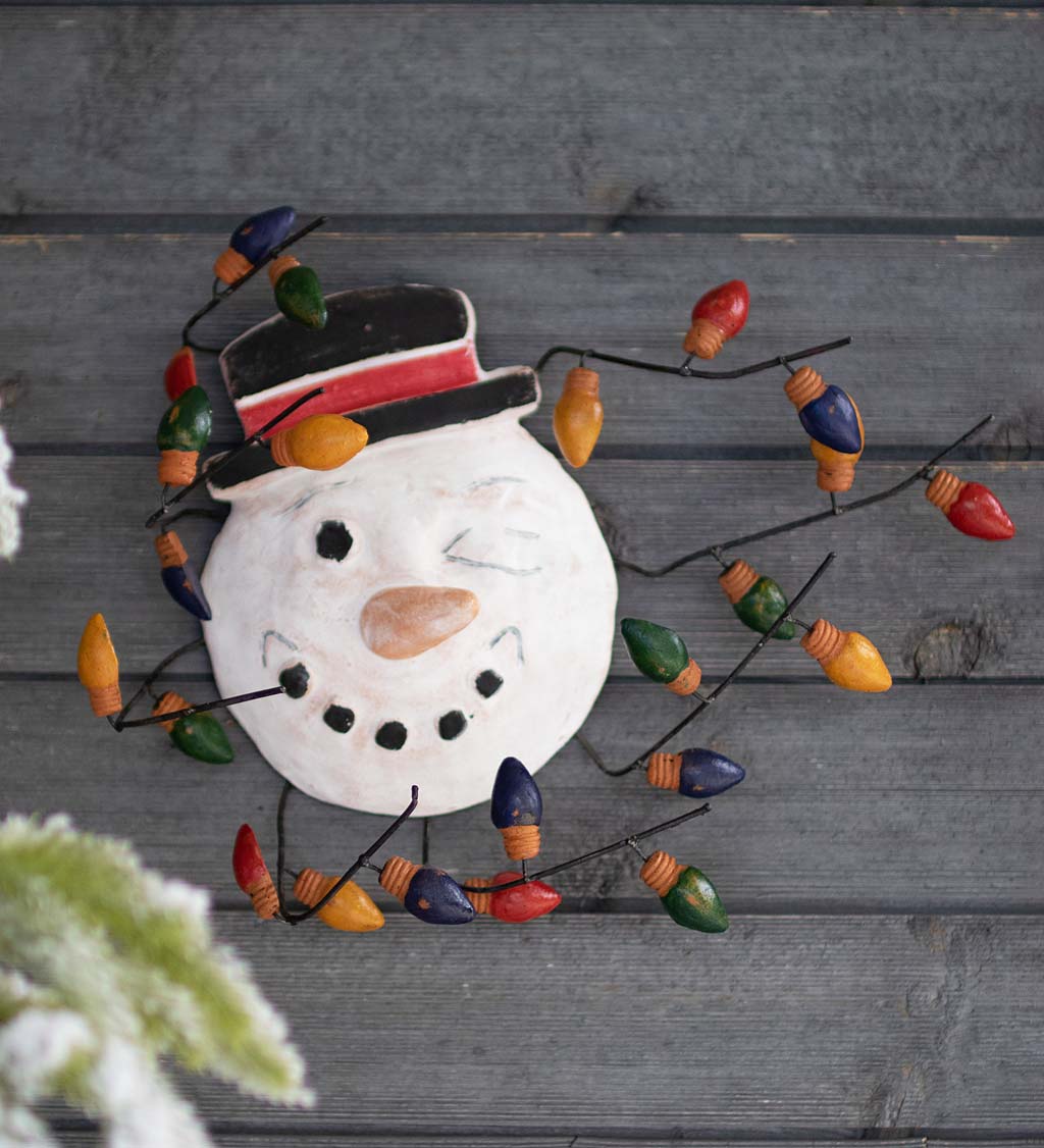 Handcrafted Clay Windblown Snowman Face with Christmas Bulbs