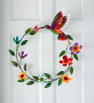 Handcrafted Metal Wreath of Flowers with Hummingbird