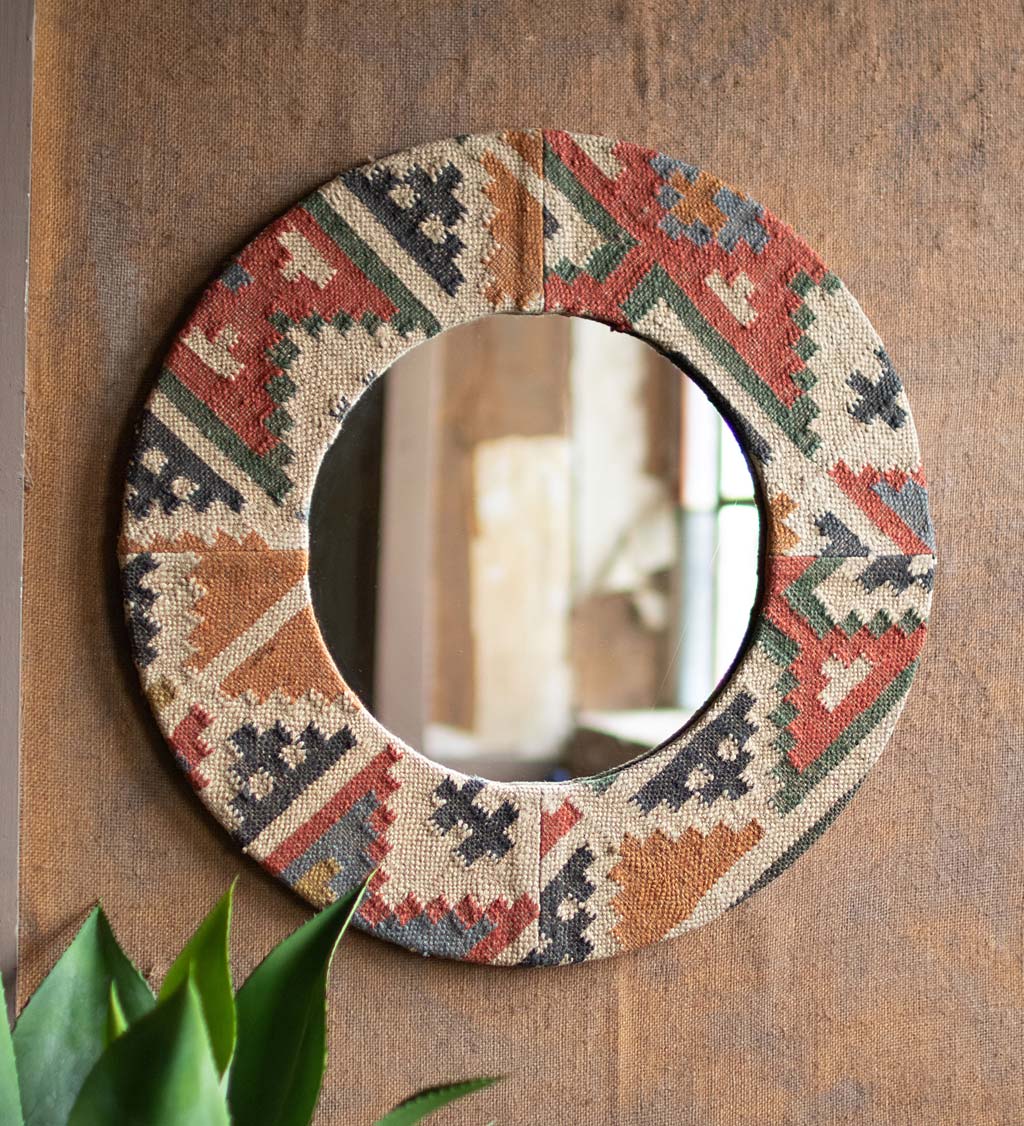 Southwestern Design Kilim Fabric Framed Round Mirror