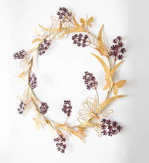 Handcrafted Golden Metal Butterfly Wreath with Purple Blossoms