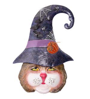 Witch Cat Wall Art with Metal Hat With Spiders, Bats and Pumpkins for Indoors or Out