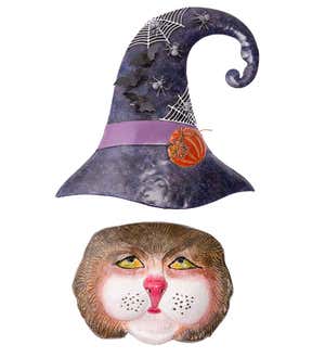 Witch Cat Wall Art with Metal Hat With Spiders, Bats and Pumpkins for Indoors or Out