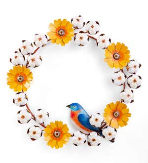 Handcrafted Metal Cotton Flower, Daisy and Bluebird Wreath