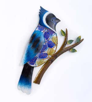 Handcrafted Reclaimed Metal and Recycled Glass Blue Jay Wall Art