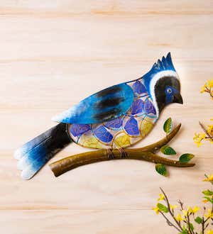 Handcrafted Reclaimed Metal and Recycled Glass Blue Jay Wall Art