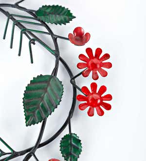 Red Flowers and Green Leaves Small Iron Wreath