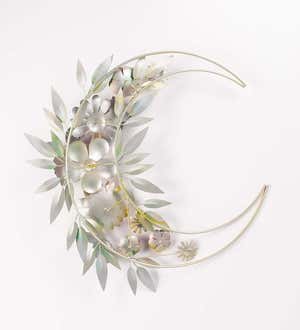 Reclaimed Metal Crescent Moon with Flowers and Butterflies Wall Art