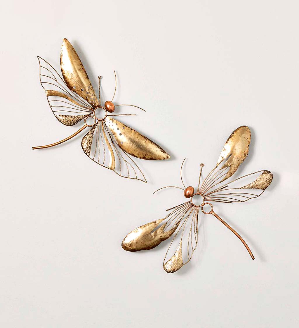 Golden Metal Dragonflies Wall Art, Set of 2
