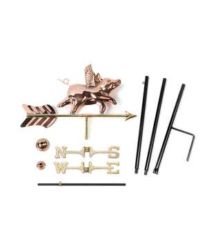 Copper Flying Pig Garden Weathervane with Pole