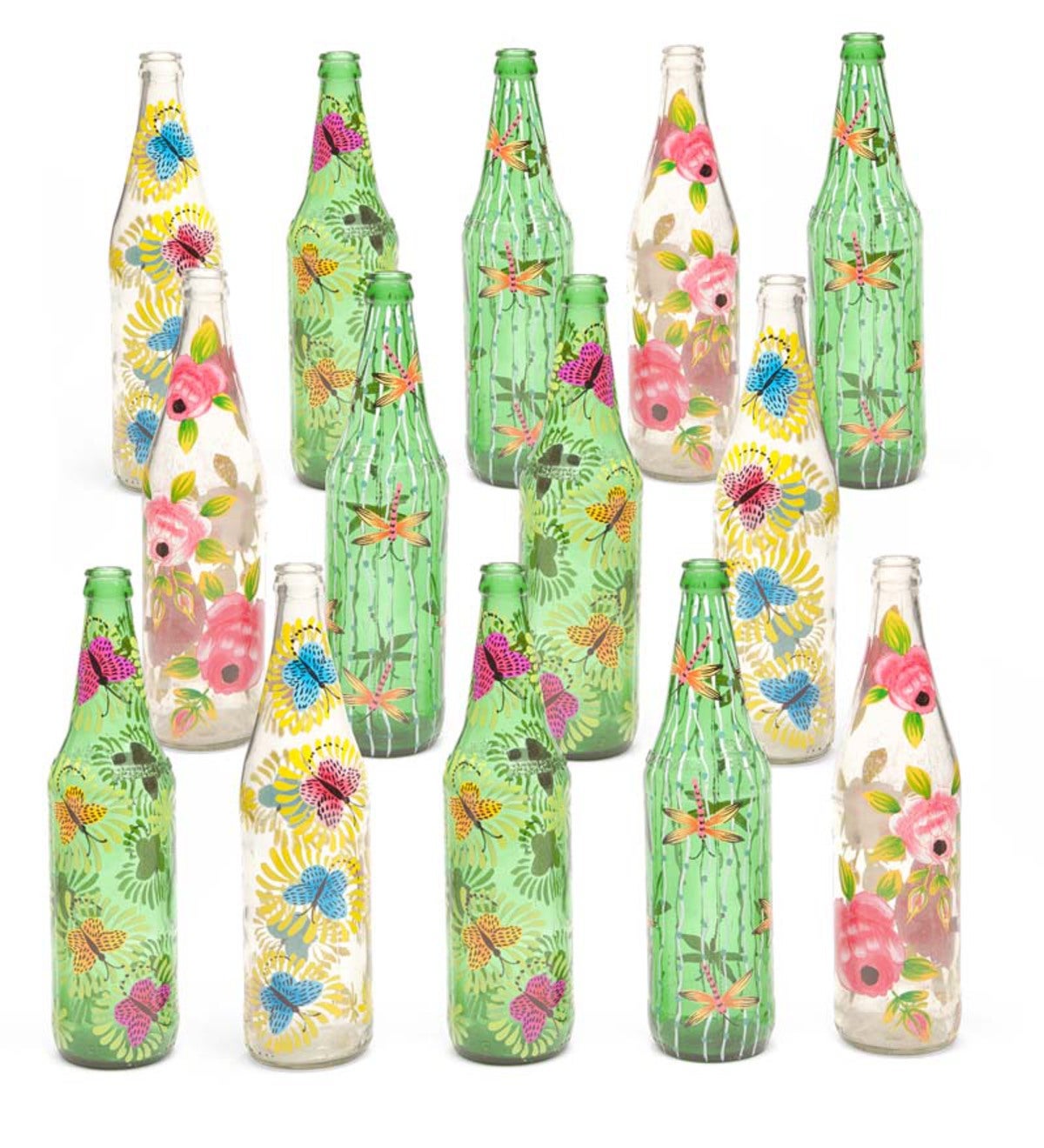 Hand Painted Glass Bottles, Set of 14