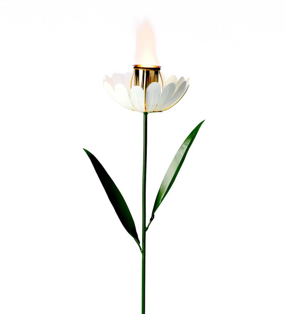 Handcrafted Metal Flower Firepot Garden Stake - White