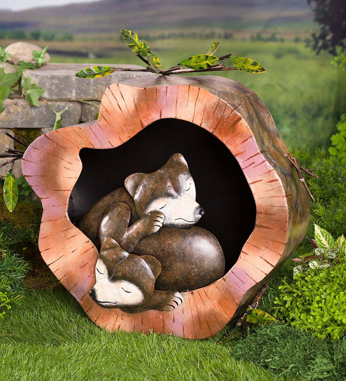 Sleeping Bears in a Log Metal Sculpture