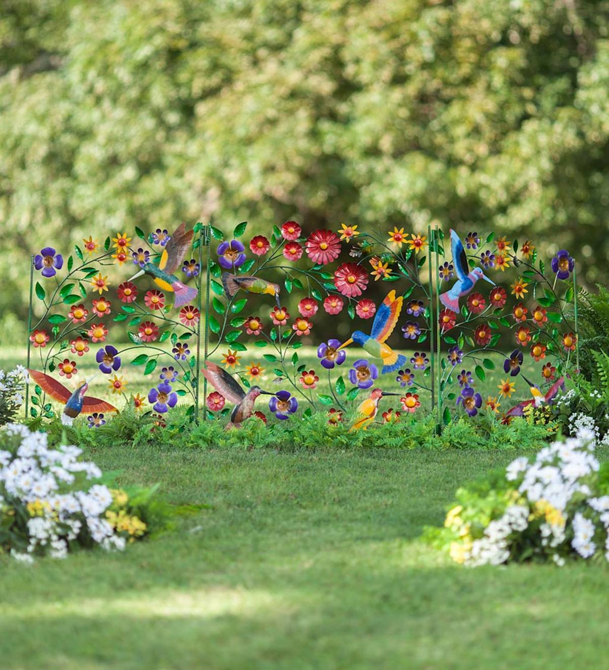 Metal 3-Panel Hummingbirds and Flowers Garden Screen