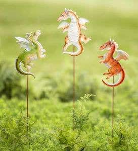 Staked or Hanging Metal Baby Garden Dragons, Set of 3
