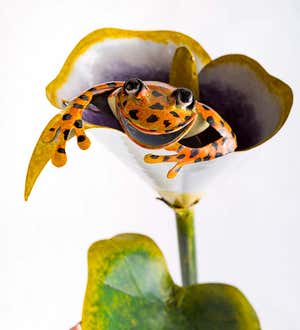 Colorful Handcrafted Metal Frog on Flower Garden Stake