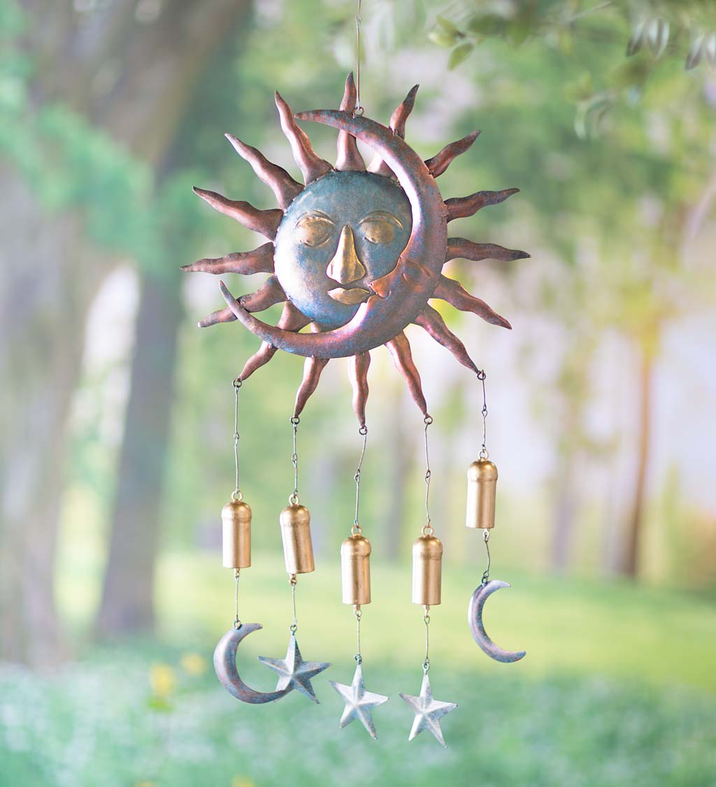 Handcrafted Kissing Sun and Moon Metal Wind Chime with Bells and Stars